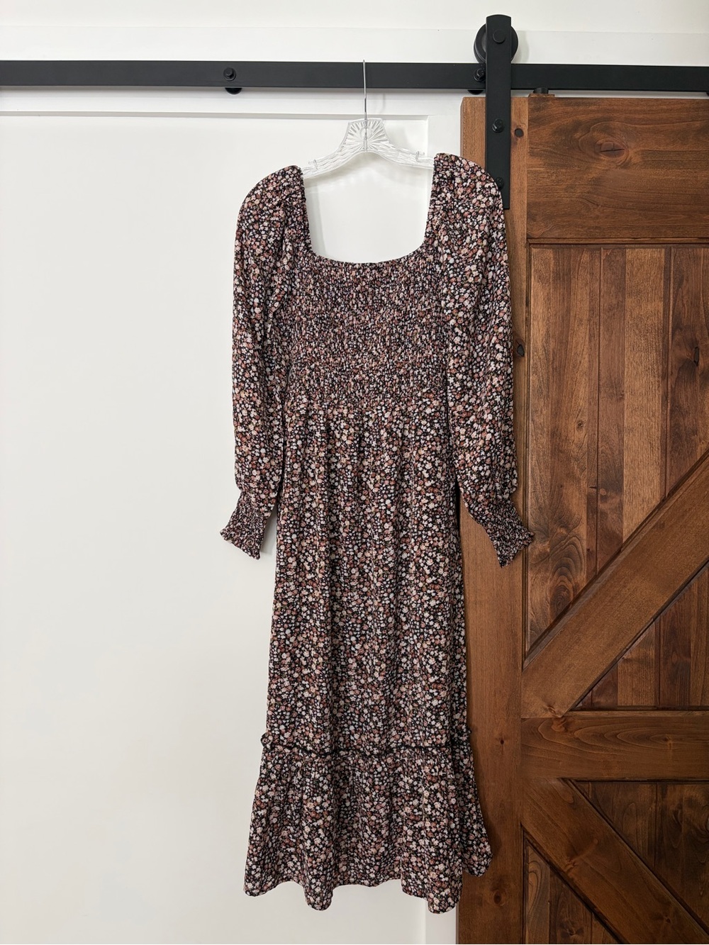 black floral smocked square neck midi dress